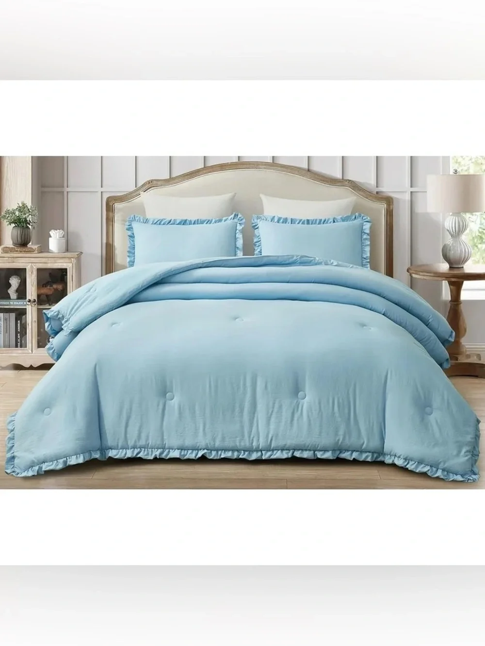Light Blue Ruffled oversized queen 3 piece Comforter Set